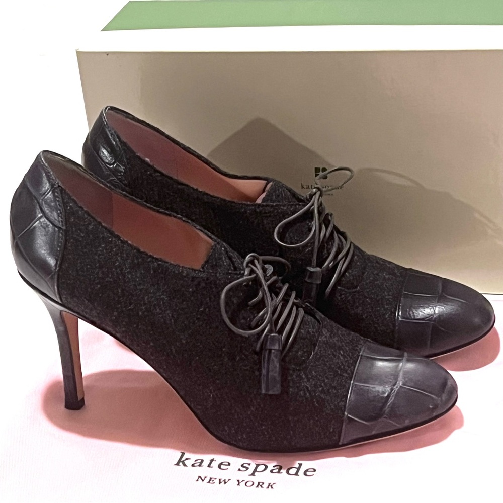 Kate Spade Hudson Lace-Up Heels Dark Grey/Tweed Size 9.5